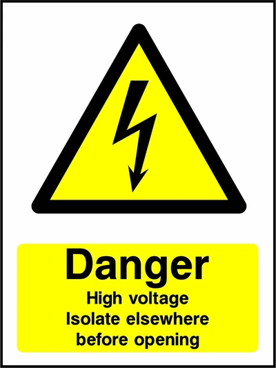 Danger — High voltage — Isolate elsewhere before opening sign showing yellow electrical lightning bolt warning triangle above wording. Artwork ELEC0059.