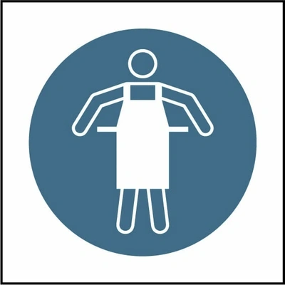 Wear protective apron pictogram sign showing blue protective apron pictogram without wording. Artwork PPE0059.