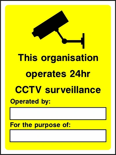 This organisation operates 24hr CCTV surveillance sign. black CCTV camera pictogram and wording on a yellow panel. Artwork SECU0007.