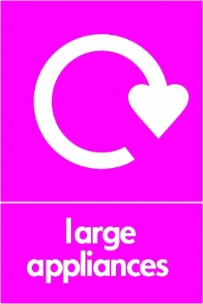 Large appliances sign showing white recycling arrow above wording on magenta background. Artwork ELEC0071.