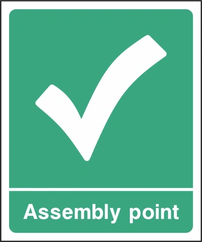 Assembly point sign showing tick symbol. Artwork EMER0075.