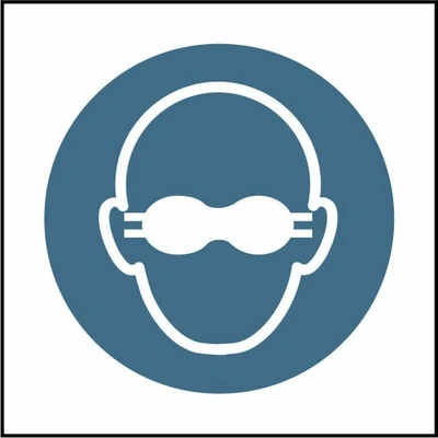 Wear opaque eye protection pictogram sign showing blue opaque goggles pictogram without wording. Artwork PPE0061.