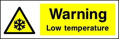 Warning — Low temperature sign showing yellow snowflake warning pictogram beside wording. Artwork GENE0038.