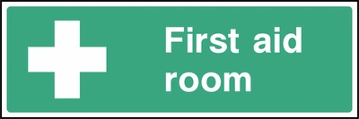 First aid room sign showing white cross and room identification. Artwork FAID0031.