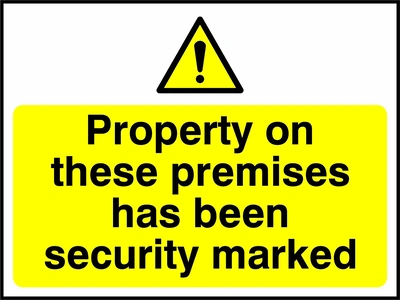 Property on these premises has been security marked sign. yellow pictogram and text panel. Artwork SECU0060.