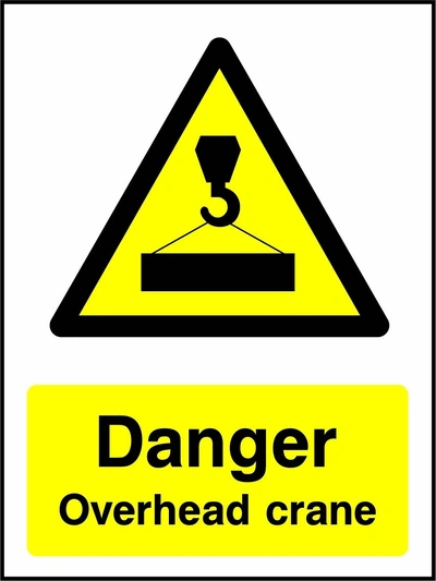 Danger — Overhead crane sign showing yellow crane hook and load warning pictogram above wording. Artwork GENE0082.