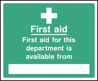 First aid — First aid for this department is available from sign showing blank contact panel below white cross. Artwork FAID0039.