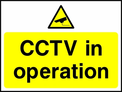 CCTV in operation sign. yellow pictogram and text panel. Artwork SECU0049.