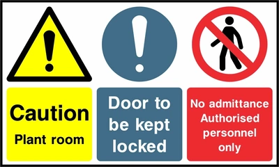 Caution — Plant room — Door to be kept locked — No admittance authorised personnel only. Side-by-side panels. Artwork MULT0046.