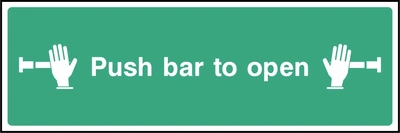 Green and white Push bar to open sign showing hands pressing a door bar. Artwork EMER0044.