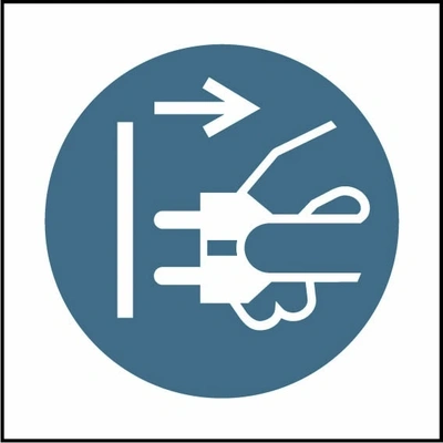Disconnect mains plug pictogram sign showing white hand disconnecting plug pictogram in blue circle. Artwork MACH0058.