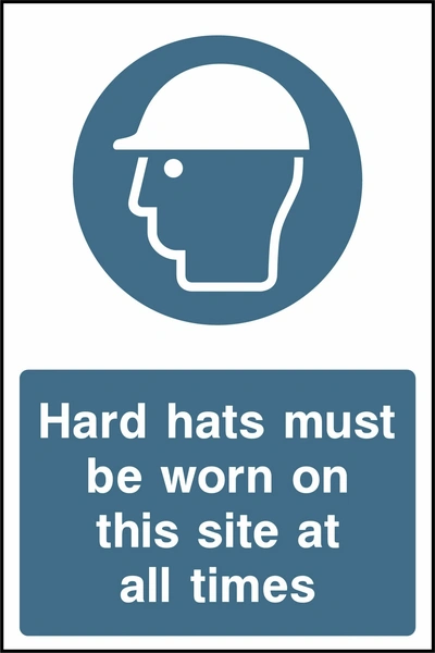 Blue and white mandatory sign with a safety helmet pictogram and Hard hats must be worn on this site at all times wording. CONS0037 artwork.
