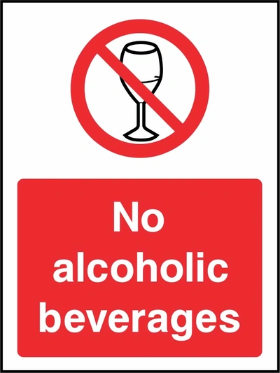 No alcoholic beverages sign showing red wine glass prohibition symbol above wording. Artwork GENE0123.