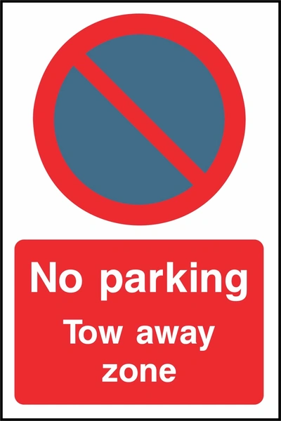No parking — Tow away zone sign. red-and-blue no-parking pictogram and wording. Supplied artwork PARK0072.