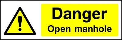 Yellow and black sign with an exclamation mark warning symbol and Danger — Open manhole wording. CONS0049 artwork.