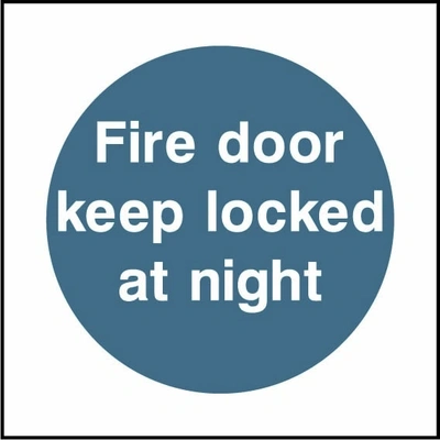 Fire door keep locked at night sign showing blue circular mandatory wording. Artwork FPRV0010.
