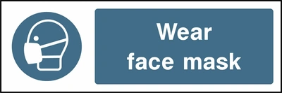 Wear face mask sign showing blue face mask pictogram beside wording. Artwork PPE0011.