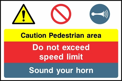Yellow, red and blue panels with warning, prohibition and horn symbols with Caution Pedestrian area — Do not exceed speed limit — Sound your horn wording. CONS0119 artwork.