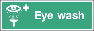 Eye wash sign showing eye and water spray pictogram. Artwork FAID0034.