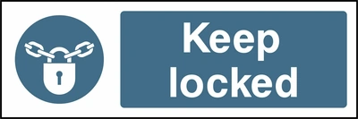 Keep locked sign showing blue padlock pictogram beside wording. Artwork FPRV0039.