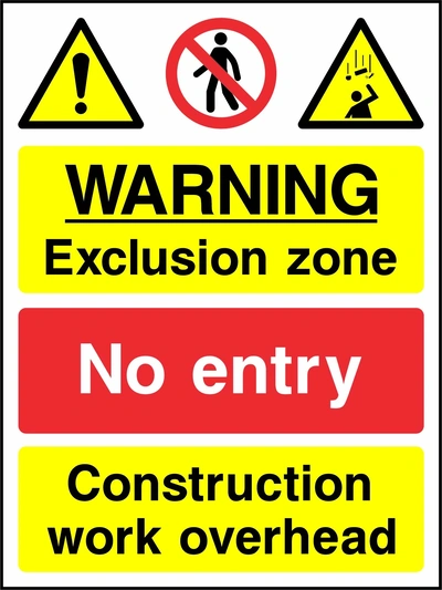 Yellow and red message panels with warning, no-entry and overhead-work symbols with WARNING Exclusion zone — No entry — Construction work overhead wording. CONS0126 artwork.