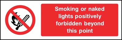 Smoking or naked lights positively forbidden beyond this point sign. red cigarette or naked-flame prohibition pictogram beside a red wording panel. Artwork SMOK0001.