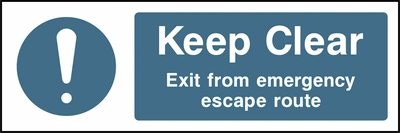 Keep Clear — Exit from emergency escape route sign showing blue exclamation pictogram beside wording. Artwork FPRV0036.