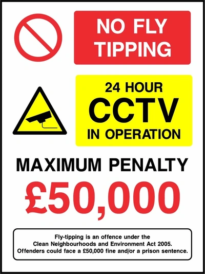 No fly tipping — 24 hour CCTV — Maximum penalty £50,000. collated prohibition, CCTV and printed legislative text panels. Original artwork GENE0138.