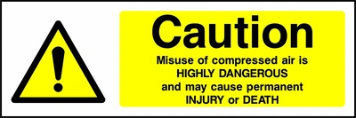 Caution — Misuse of compressed air is highly dangerous and may cause permanent injury or death sign showing yellow exclamation warning triangle beside wording. Artwork MACH0015.