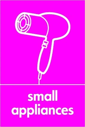 Small appliances sign showing white hairdryer pictogram above wording on magenta background. Artwork ELEC0090.