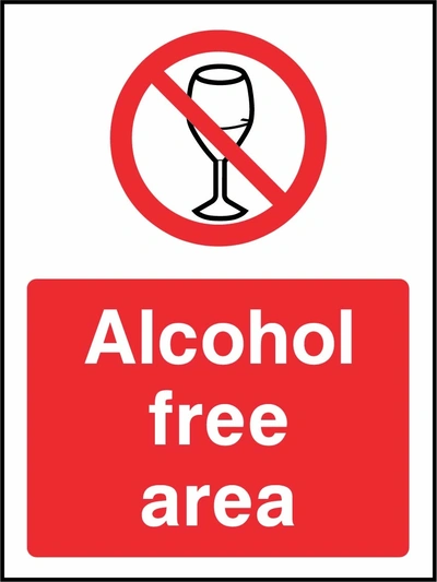 Alcohol free area sign showing red wine glass prohibition symbol above wording. Artwork GENE0124.