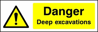 Danger — Deep excavations sign showing yellow exclamation warning pictogram beside wording. Artwork GENE0004.