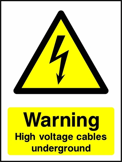 Warning — High voltage cables underground sign showing yellow electrical lightning bolt warning triangle above wording. Artwork ELEC0043.