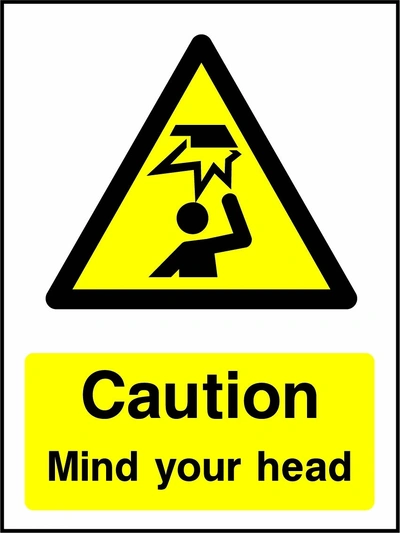 Caution — Mind your head sign showing yellow overhead impact warning pictogram above wording. Artwork GENE0067.