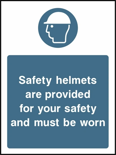 Safety helmets are provided for your safety and must be worn sign showing blue safety helmet pictogram above wording - converted layout. Artwork PPE0038.