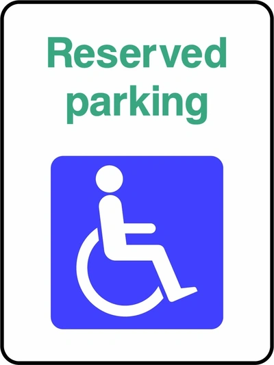 Reserved parking sign showing green wording above a blue wheelchair pictogram. Artwork DDA0011.