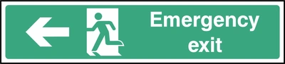 Green and white Emergency exit sign showing left-pointing arrow. Artwork EMER0027.