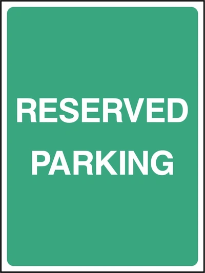 Reserved Parking sign. green background with white lettering. Supplied artwork PARK0036.