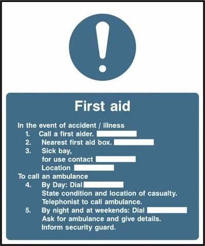 First aid sign showing blue mandatory notice with accident and illness contact fields. Artwork FAID0041.