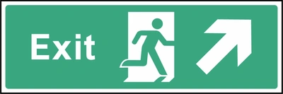 Green and white Exit sign with an up right arrow and running-person escape symbol. Letterbox artwork EMER0010.