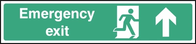 Green and white Emergency exit sign showing upward arrow. Artwork EMER0025.