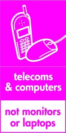 Telecoms & computers — Not monitors or laptops sign showing white phone and mouse pictogram with exclusion footer on magenta background. Artwork ELEC0103.