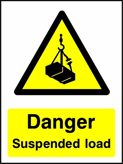 Danger — Suspended load sign showing yellow suspended load warning pictogram above wording. Artwork GENE0079.