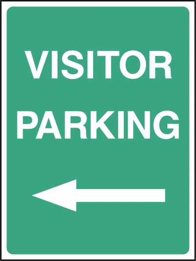 Visitor Parking — Left arrow sign. green background with white lettering. Supplied artwork PARK0034.
