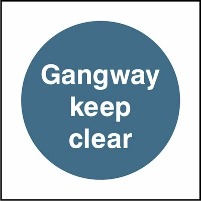 Gangway keep clear sign showing blue circular mandatory wording. Artwork FPRV0003.
