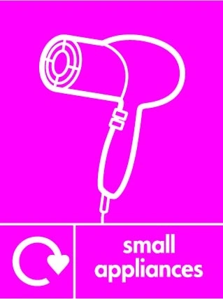 Small appliances sign showing white hairdryer pictogram with recycling arrow beside wording on magenta background. Artwork ELEC0128.