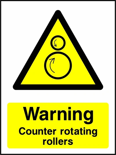 Warning — Counter rotating rollers sign showing yellow counter rotating rollers warning triangle above wording. Artwork MACH0028.