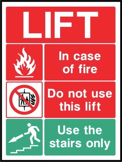 Lift — In case of fire — Do not use this lift — Use the stairs only sign showing collated fire lift-prohibition and ascending-stairs panels. Artwork LIFT0025.