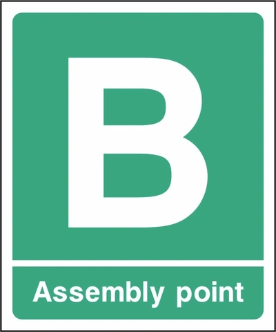B — Assembly point sign showing portrait assembly point B. Artwork EMER0091.