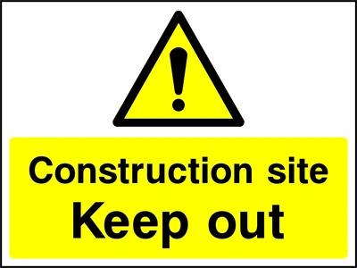 A black exclamation mark inside a yellow warning triangle above black wording on a yellow panel with Construction site — Keep out wording. CONS0106 artwork.